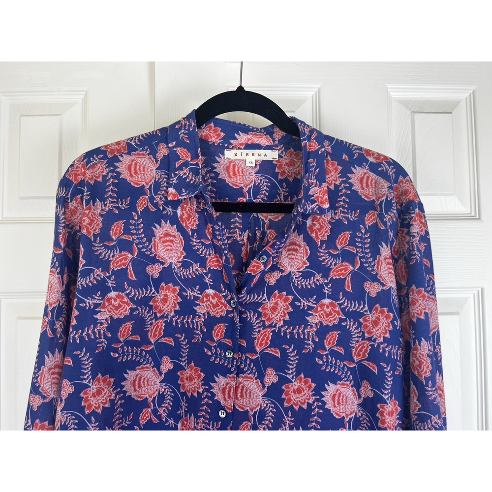XiRENA Size XS Button-Up Blouse Top Blue Floral Lightweight 100% Cotton USA Made